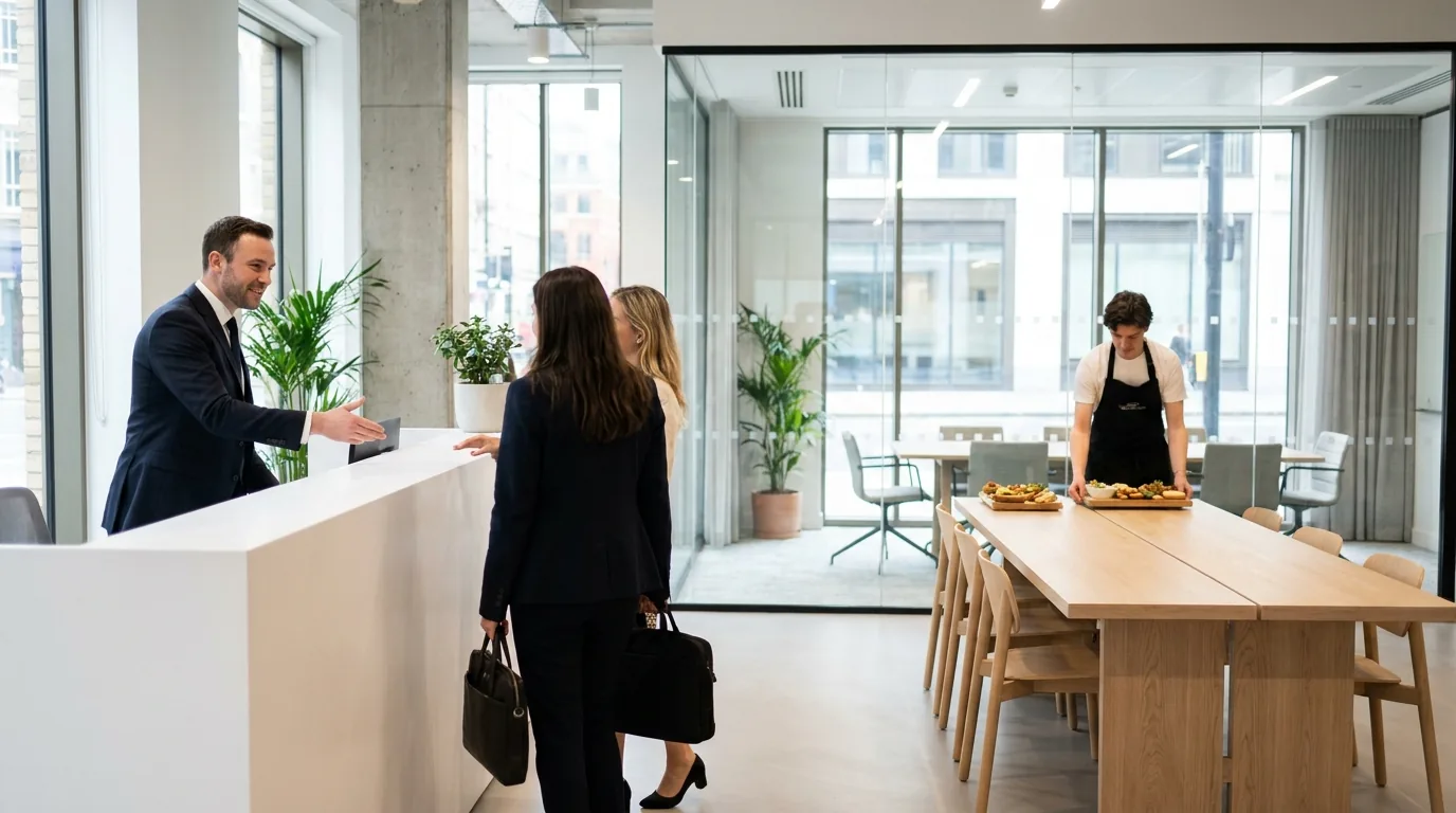 Corporate hospitality staff greeting guests and setting a board lunch in a London office