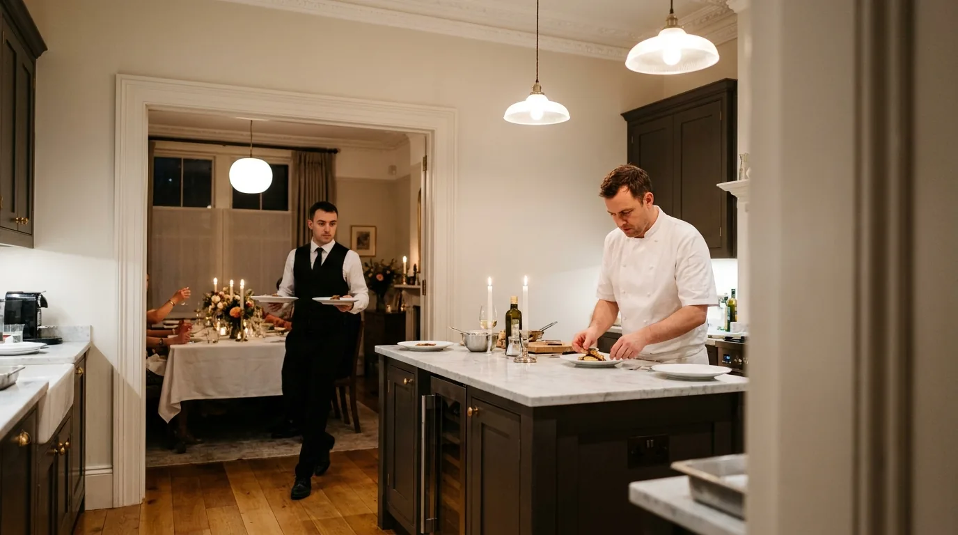 Private chef and service staff at a dinner party in a London home