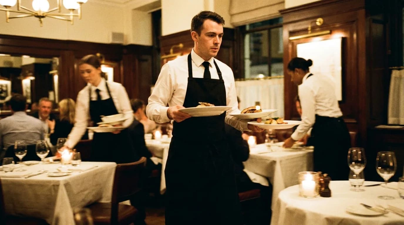 Waiting staff carrying plates during evening service in a London restaurant